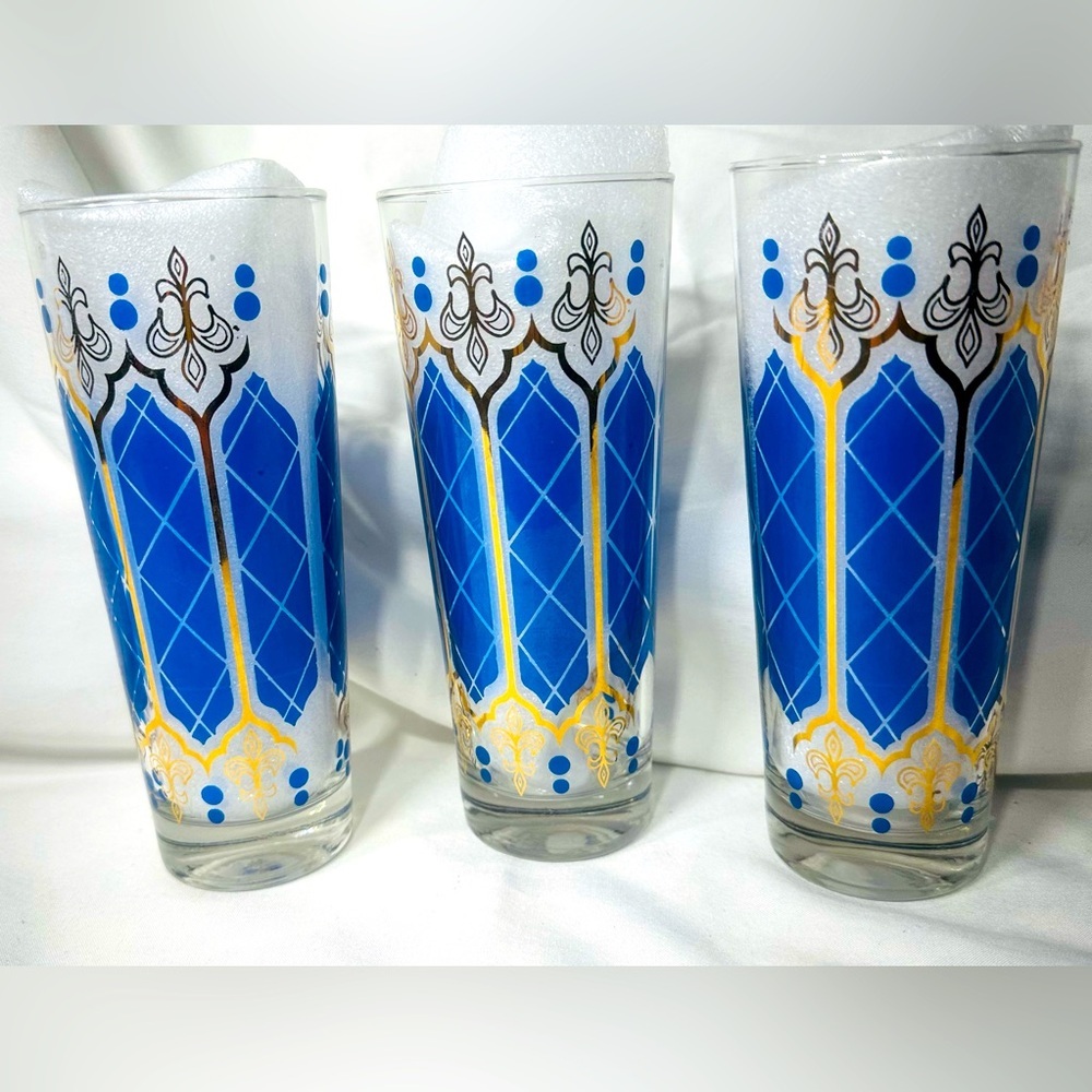 Set of 3 Vintage Anchor Hocking Blue 22K Gold MCM Tumblers Fleur-de-lis Barware